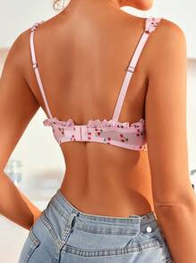 SHEIN Cherry Print Frill Trim Underwire Bra - Pink - View 2