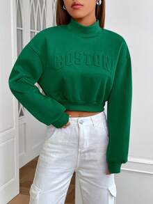 Muchica 字母刺繡小高領落肩袖短款運動衫 - 綠色 - 查看 3