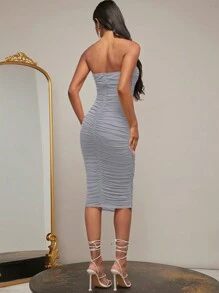 SHEIN BAE 素色褶邊抹胸緊身連衣裙 - 霧霾藍 - 查看 2