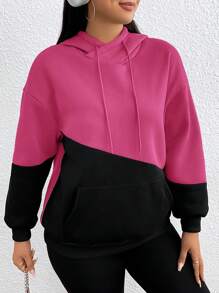 SHEIN EZwear 加大码双色落肩抽绳卫衣 - 玫紅色 - 查看 4