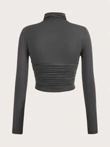 SHEIN EZwear Trang phục mùa xuân Áo thun xếp nếp dài tay cổ cao màu trơn - Xám - Xem 2