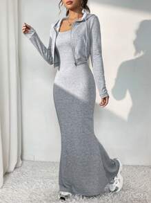 SHEIN EZwear Zip Up Hooded Jacket & Cami Dress - Grey - View 3