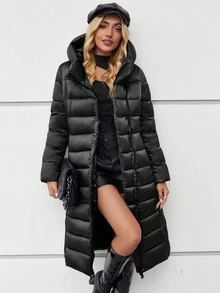 Giolshon Women's Autumn And Winter Down Jacket With Hood And Belt Can Be Cinched - Black - View 3