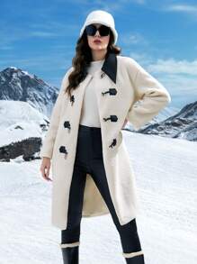 SHEIN LUNE Contrast Collar Duffle Fuzzy Coat Fall Cloth For Women - Black and White - View 1