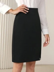 BizChic Women's Black Elastic Zipper Slit Hem Skirt, Urban Commute Business Casual Office Wear, Elegant Women's Formal Attire