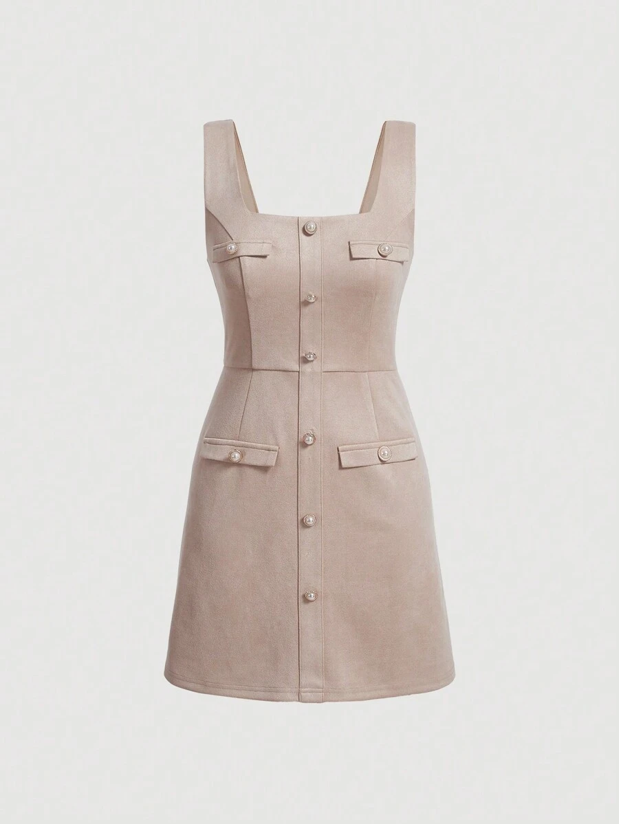 SHEIN MOD Nút phía trước Đầm Tổng thể Không có áo lót - Màu be - Xem 1