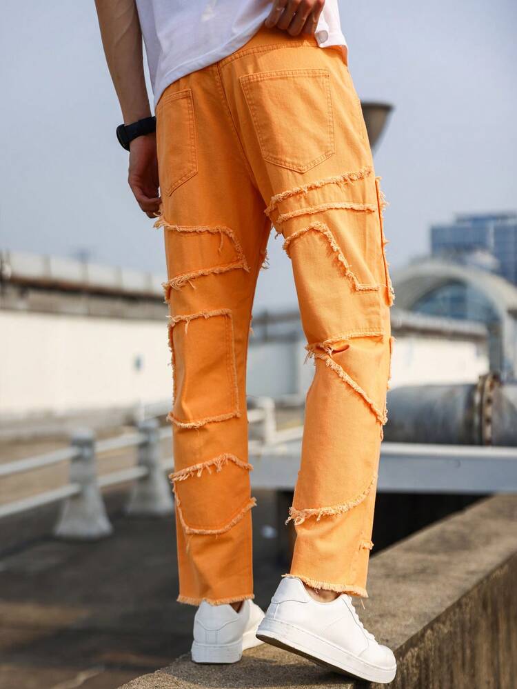 Loose-Fit Men's Raw-Edge Trim Straight Leg Jeans