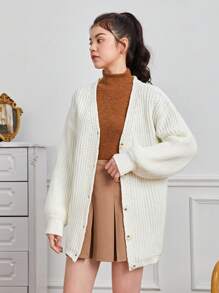 Teen Girl Drop Shoulder Button Front Cardigan - White - View 4