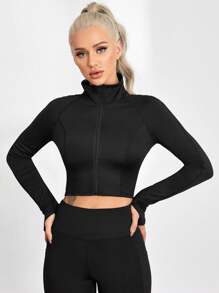 SHEIN Yoga Basic 拉鏈開襟拇指孔短款運動夾克 - 黑色 - 查看 1