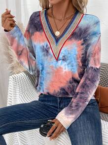 SHEIN LUNE Tie Dye Contrast Lace Trim Drop Shoulder Tee - Multicolor - View 4