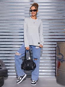 SHEIN 少女休閒條紋圖案長袖t恤 - 黑與白 - 查看 4