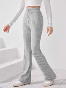 SHEIN 少女针织纯色羊毛皱褶腰部扭结喇叭裤 - 灰色 - 查看 4