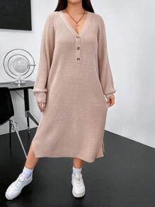 Flirla Plus Raglan Sleeve Button Front Sweater Dress - Camel - View 1