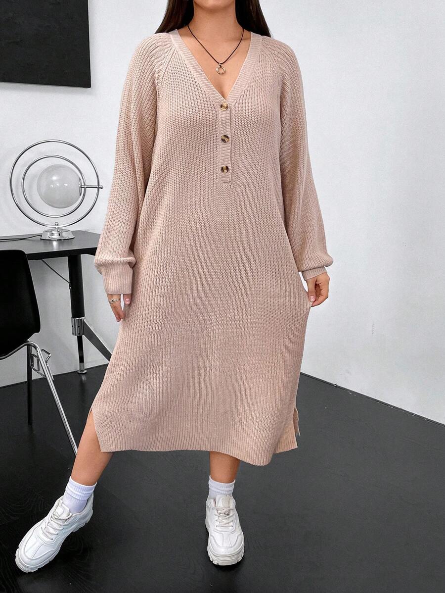 Flirla Plus Raglan Sleeve Button Front Sweater Dress - Camel - View 1