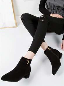 Stivaletti alla caviglia da donna con tacco alto chunky a punta, in colore unito, con esterno morbido e alla moda, cerniera laterale, adatti per l'autunno/inverno - nero - Visualizzare 3