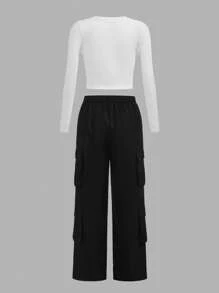 Tween Girl Slogan Graphic Crop Tee & Flap Pocket Pants