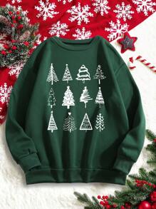 SHEIN Unity Plus Christmas Tree Print Thermal Lined Sweatshirt - Dark Green - View 1
