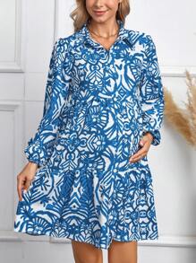 SHEIN 孕婦滿版印花荷葉邊娃娃裙 - 藍白色 - 查看 1