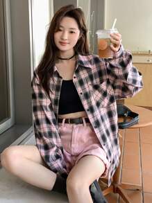 DAZY Áo cánh rộng vai trễ kẻ caro kẻ caro - Hồng - Xem 10