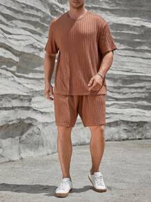 GENTILAND 男士大码素色T恤&短褲 - 棕色 - 查看 5