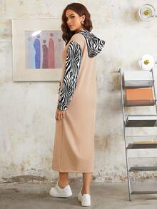 SHEINNeu Zebra Striped Kangaroo Pocket Drawstring Hooded Dress - Khaki - View 5