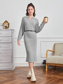 Adolescent Fille Robe Pull Col cranté Manches Chauve-Souris - Gris pâle - Voir 3