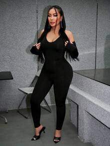 SHEIN SXY Mono unitard unicolor de espalda abierta con cordón con capucha - Negro - Ver 3