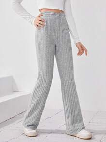 SHEIN 少女针织纯色羊毛皱褶腰部扭结喇叭裤 - 灰色 - 查看 5