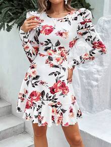 SHEIN VCAY Floral Print Gigot Sleeve Ruffle Hem Dress - Multicolor - View 4