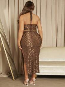 SHEIN SXY Plus Backless Halter Top & Pencil Skirt - Brown - View 2