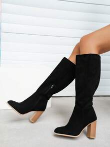 時尚高跟側拉鍊粗跟百搭及膝長靴適合女士大碼 - 黑色 - 查看 4
