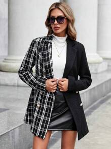 SHEIN Clasi Rutigt Mönster Dubbelbröst Tweed Överkappor