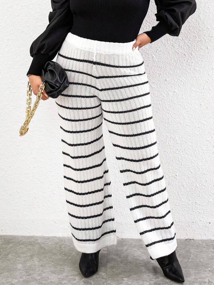 Plus Striped Pattern Wide Leg Knit Pants