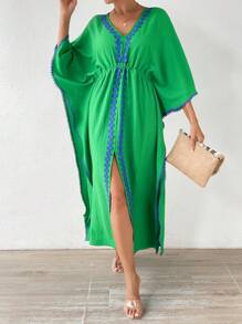 Chiquease Contrast Trim Batwing Sleeve Split Thigh Dress - Green - View 2