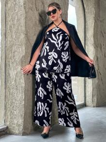 SHEIN Privé 休閒後系帶植物 全身印花大碼兩件套裝