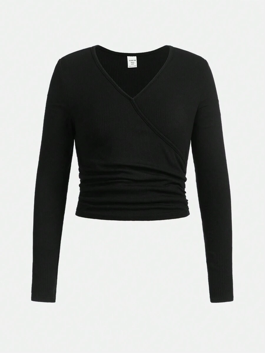 青少年女孩素色圍裹細節T恤 - 黑色 - 查看 1