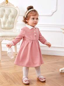 SHEIN Baby Girl Contrast Collar Half Button Smock Dress