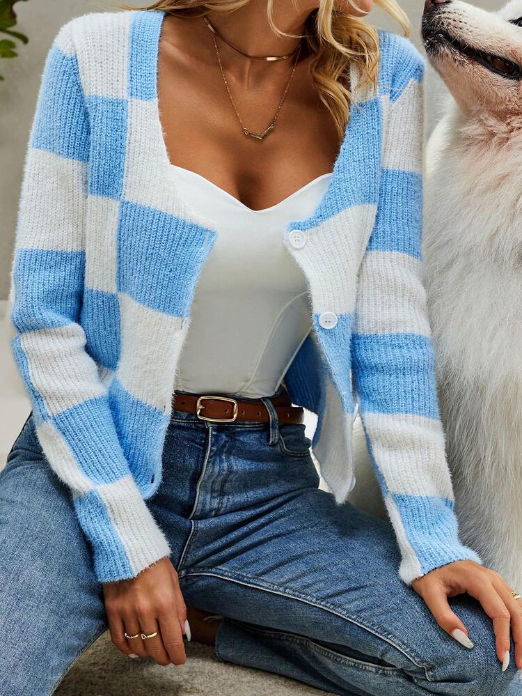 Checker Pattern Button Front Cardigan Fall Cloth For Women