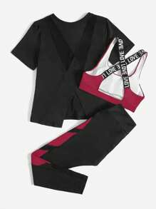 Studio SHEIN Sport 3 قطع مجموعة تمارين رياضية للسيدات شاملة على صدرية رياضية وبلوزة وبنطال للاحتفال برأس السنة الصينية الجديدة