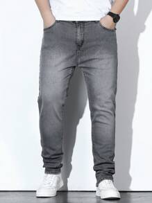 Manfinity Homme Men Plus Bleach Wash Tapered Jeans, Plain Slim Fit Dark Jeans Long Light Grey Washed Cargo Jeans, For Husband, Boyfriend Gifts - Grey - View 6