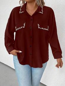 SHEIN Clasi Plus Pearls Detail Drop Shoulder Shirt - Burgundy - View 4