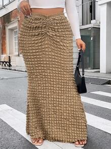 Flirla Plus Ruched Mermaid Hem Skirt - Brown - View 7