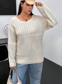 Flirla 大碼後背繫帶落肩袖麻花編織套頭毛衣 - 杏色 - 查看 4