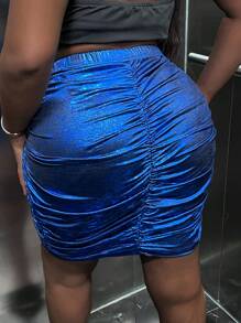 Slaydiva Plus Ruched Wrap Hem Metallic Bodycon Skirt - Royal Blue - View 2