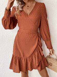SHEIN VCAY Swiss Dot Ruffle Trim Wrap Hem Dress - Orange - View 1