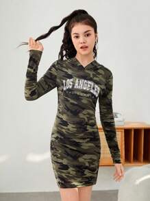 青少年女孩字母圖案迷彩連帽洋裝 - 軍綠色 - 查看 6