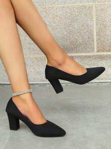 Black Point Toe Pumps, Chunky Heeled Court Pumps For Women - Black - View 2