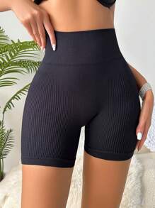 Wideband Waist Ribbed Knit Shorts - Black - View 1