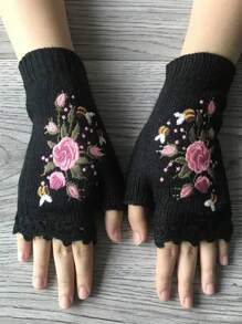 ROMWE Fairycore 1pair Women Floral Embroidered Fingerless Gloves - Black - View 1