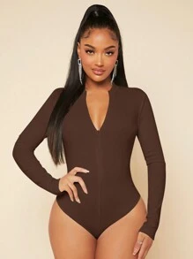 SHEIN SXY 素色拉鏈開襟修身連體衣 - 棕色 - 查看 5
